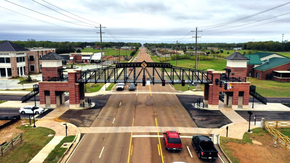 Pedestrian bridge over Goodman Road at Snowden Grove Park in Southaven, Mississippi